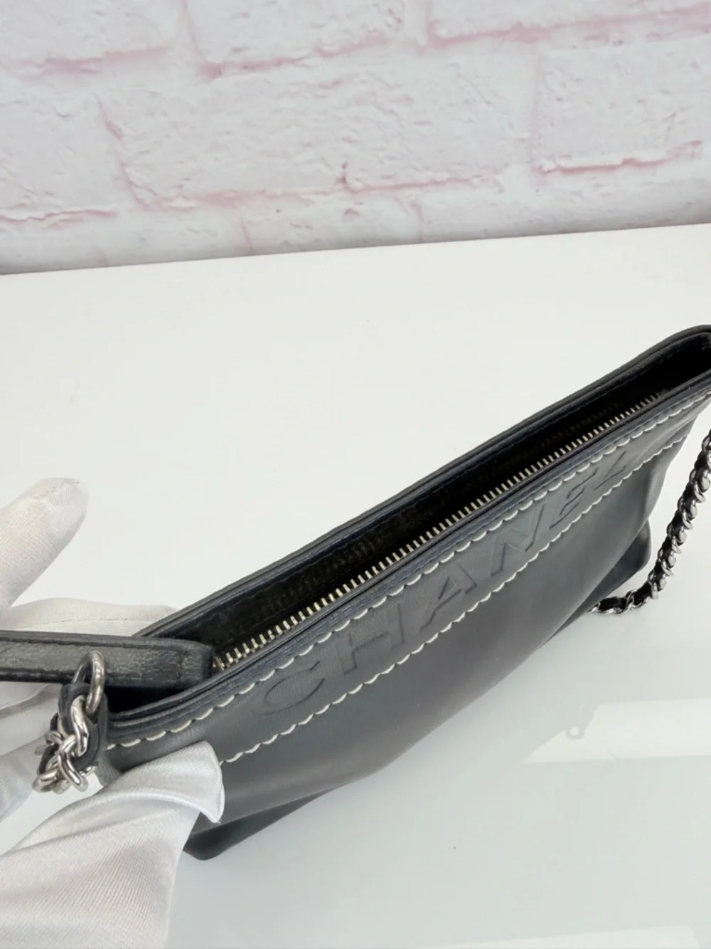 CHANEL LAX Black Leather Chain Shoulder Bag Pochette Embossed Logo